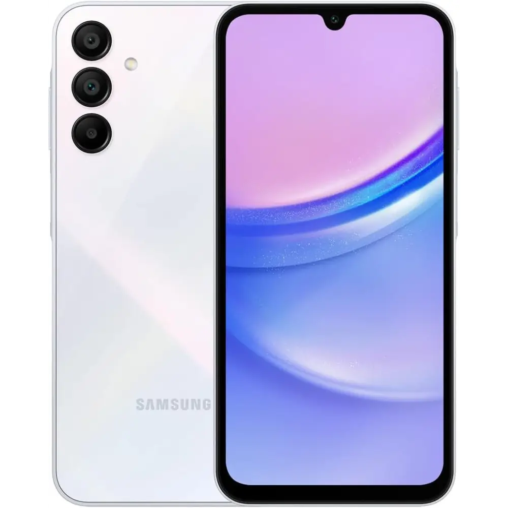 White Samsung Galaxy A15 Unlocked Dual SIM smartphone on display