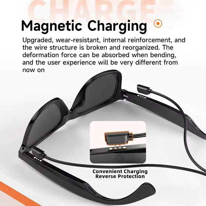 Magnetic charging sunglasses for Black Smart Bluetooth Glasses with long battery life