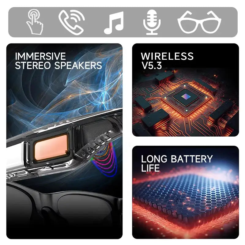 Smart Bluetooth Glasses with open ear design and long battery life features