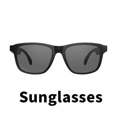 Black-framed sunglasses featuring Bluetooth technology and long battery life