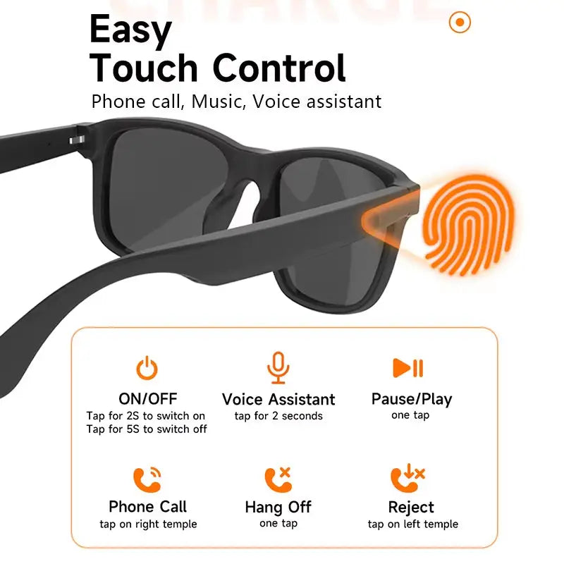 Smart Bluetooth Glasses with Touch Controls and Long Battery Life in Black