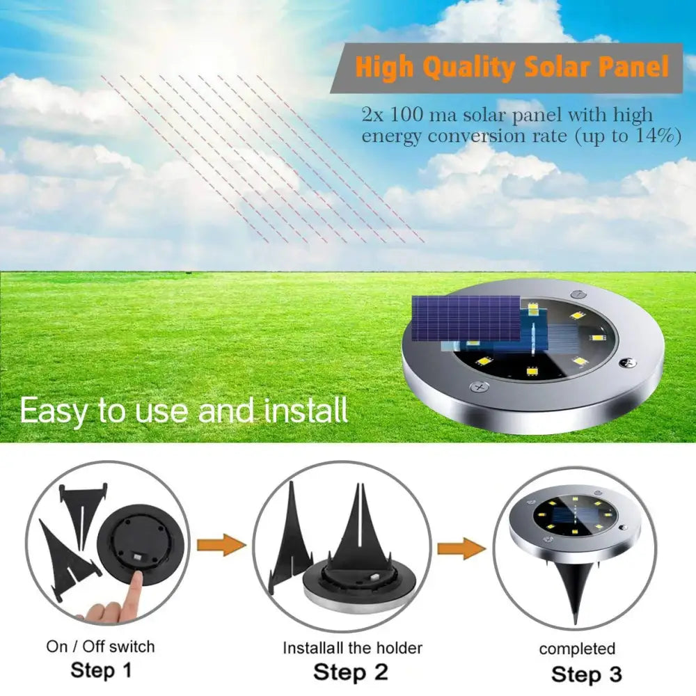 Rirool Solar Ground Lights 8 Pack with installation instructions for outdoor lighting