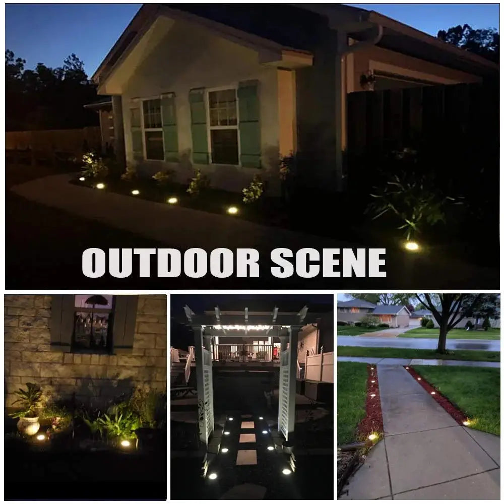 Rirool Solar Ground Lights 8 Pack illuminating an outdoor landscape at twilight