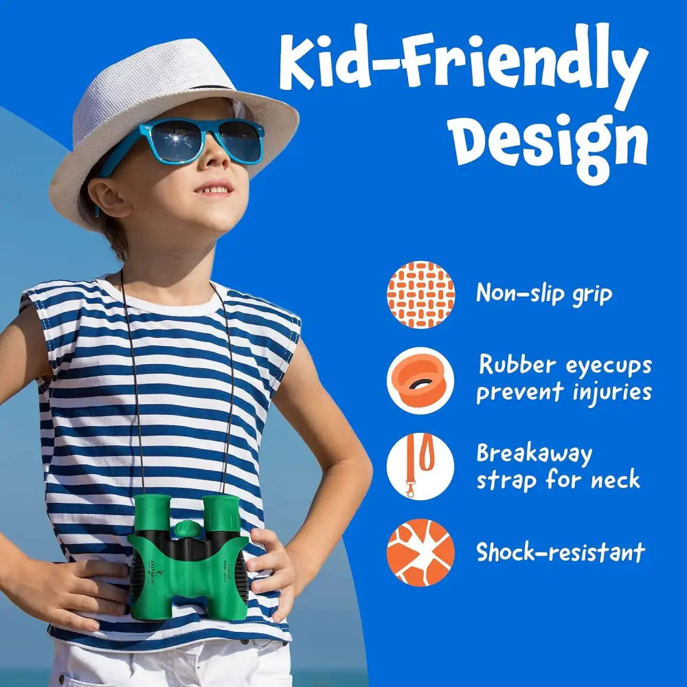 Child exploring with ThinkPeak Kids Binoculars in vibrant green color