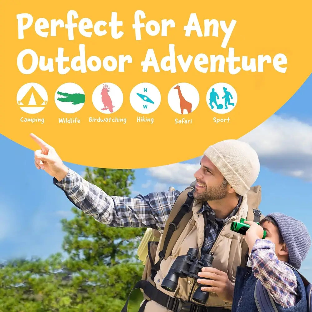Father and son enjoying an outdoor adventure with ThinkPeak Kids Green Binoculars