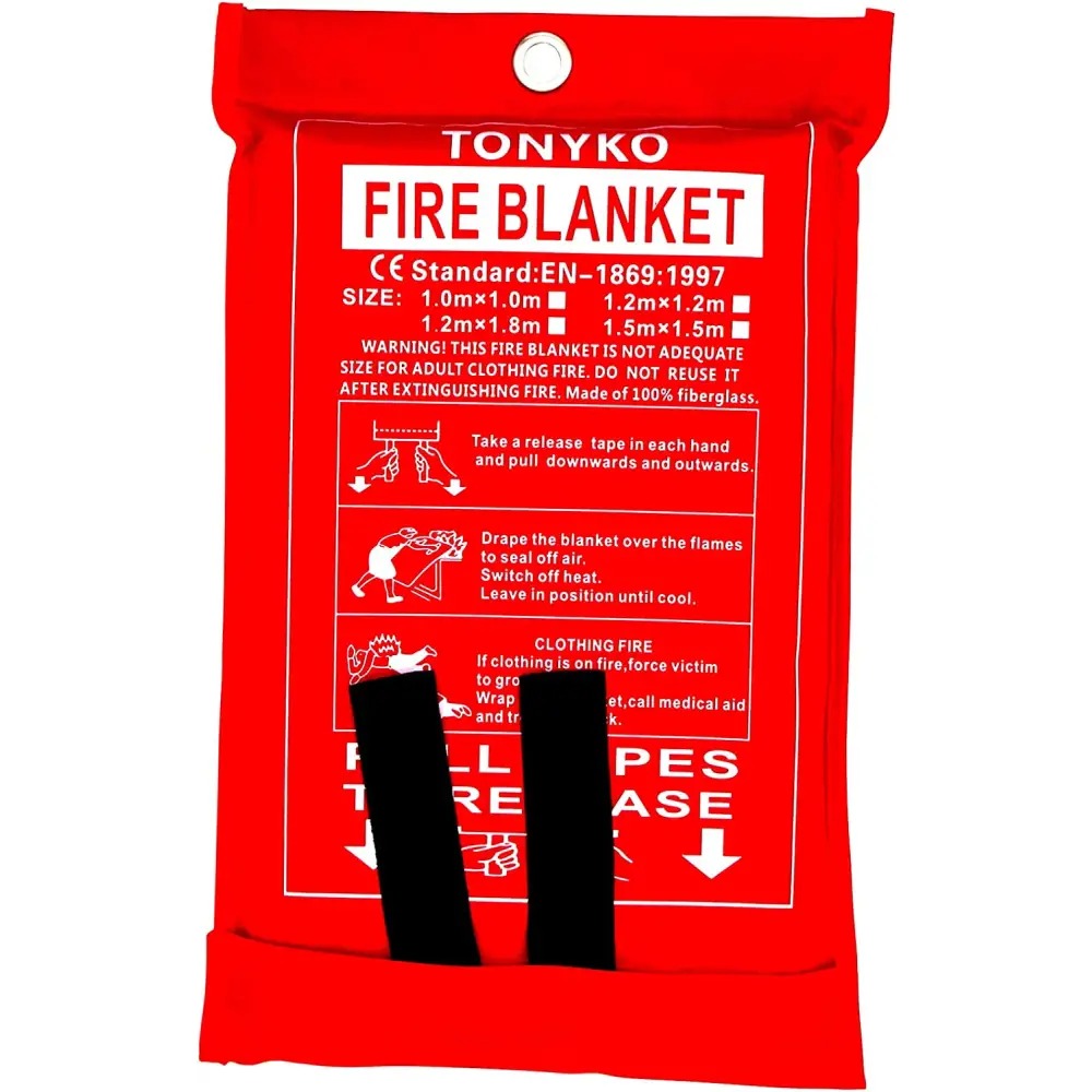 Red fire blanket in packaging for TONYKO Advanced Fiberglass Fire Blanket Heat Shield