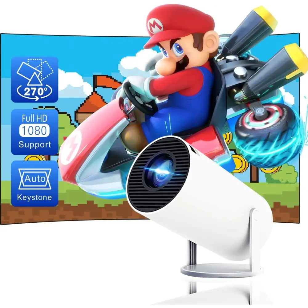 White cylindrical Rotatable Smart Mini Projector with HiFi Stereo Speakers