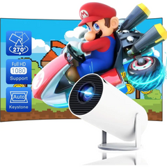 White cylindrical Rotatable Smart Mini Projector with HiFi Stereo Speakers