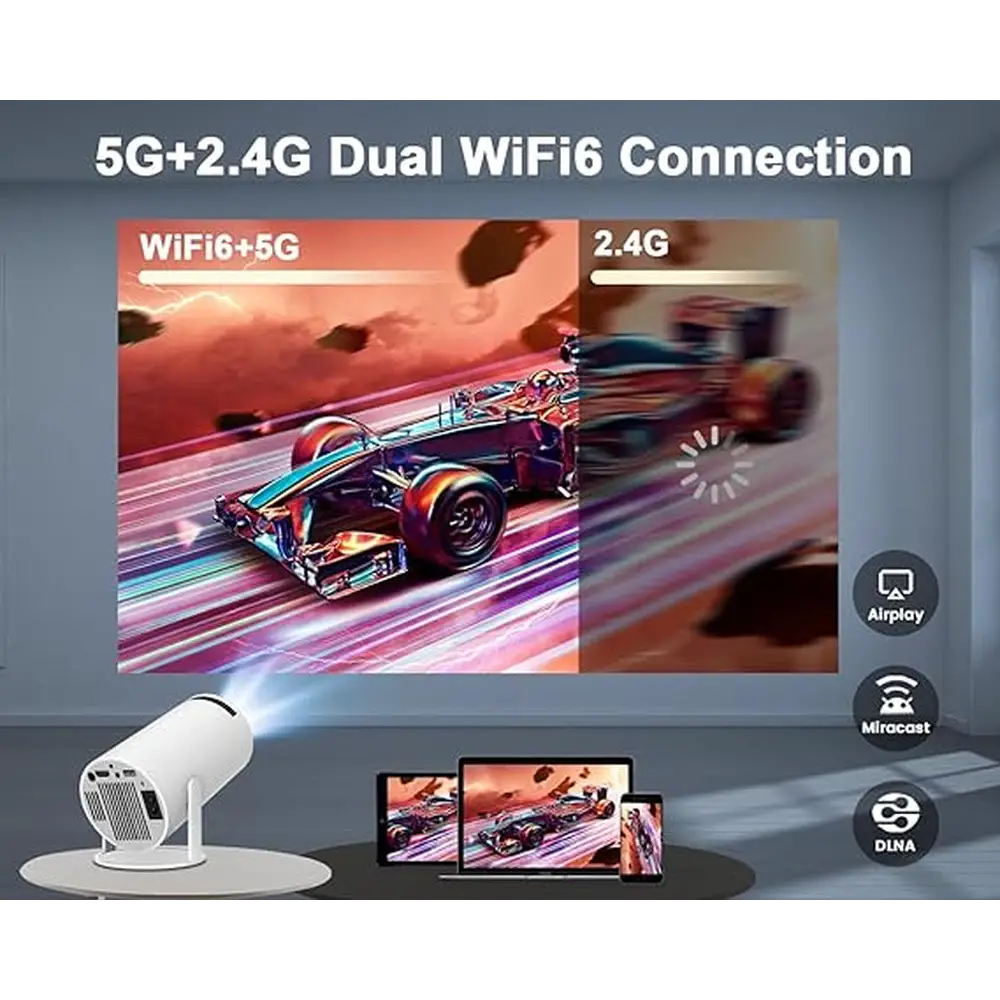 White projector showcasing vibrant race car image from Rotatable Smart Mini Projector