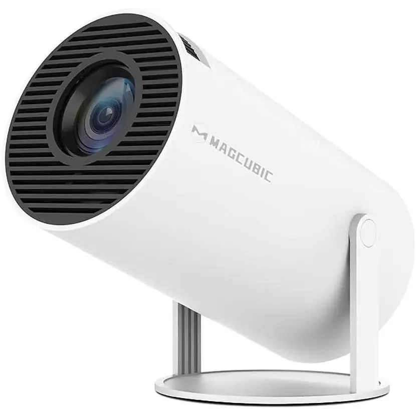White cylindrical Rotatable Smart Mini Projector with stand and HiFi Stereo Speakers