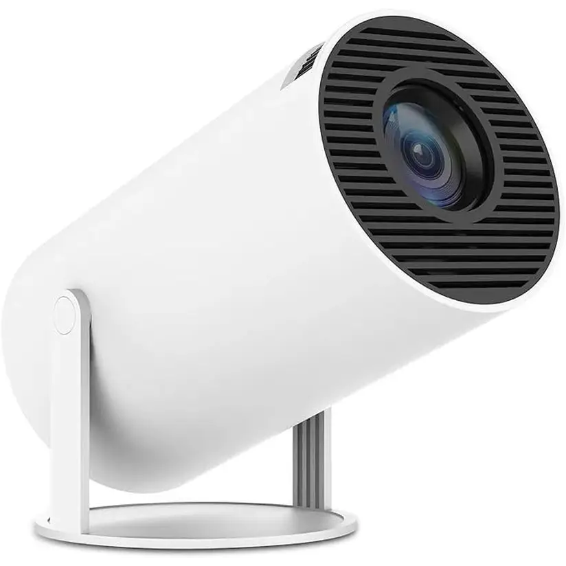 White cylindrical Rotatable Smart Mini Projector with stand and HiFi stereo speakers