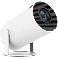 White cylindrical Rotatable Smart Mini Projector with stand and HiFi stereo speakers