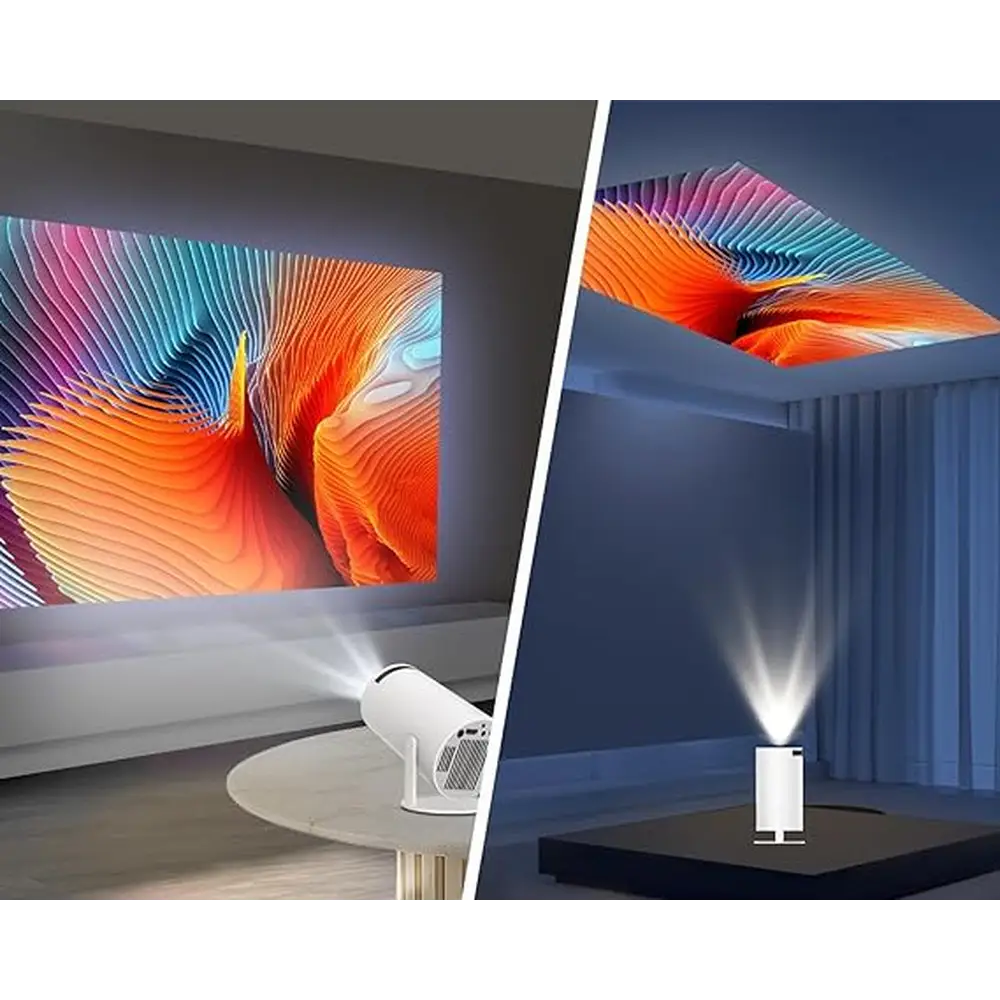 Rotatable Smart Mini Projector showcasing colorful abstract art with HiFi stereo sound