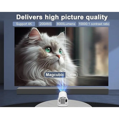 Rotatable Smart Mini Projector showcasing a cat image with HiFi Stereo Speakers