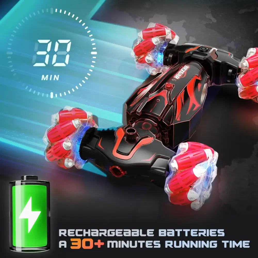 Black and red Gesture Control Ultimate 4WD Off-Road RC Stunt Car with glowing wheels