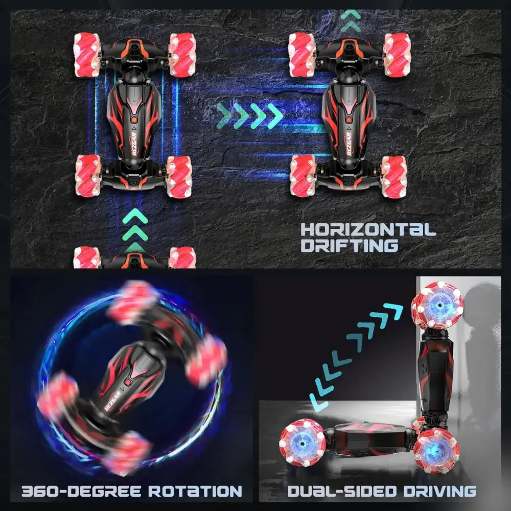 Remote-controlled stunt car with illuminated wheels and gesture control feature