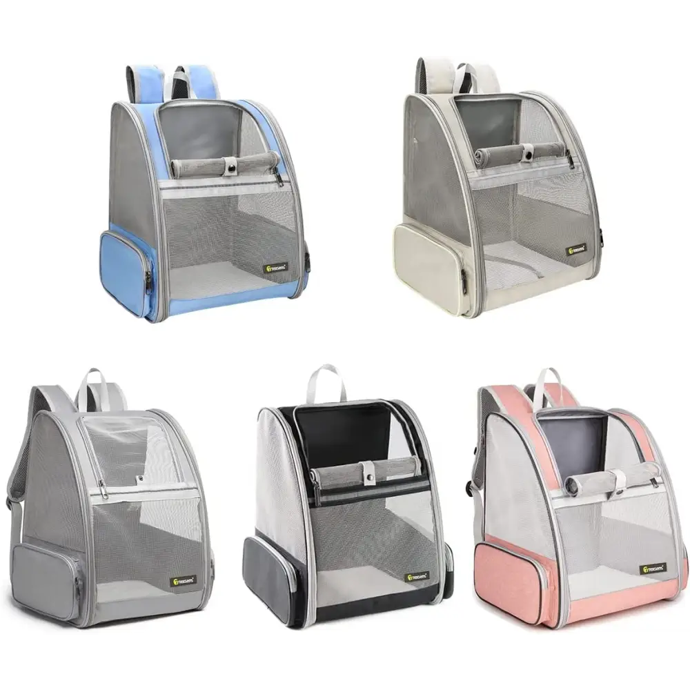 Pet carrier backpacks in various colors for comfortable airline travel with pets
