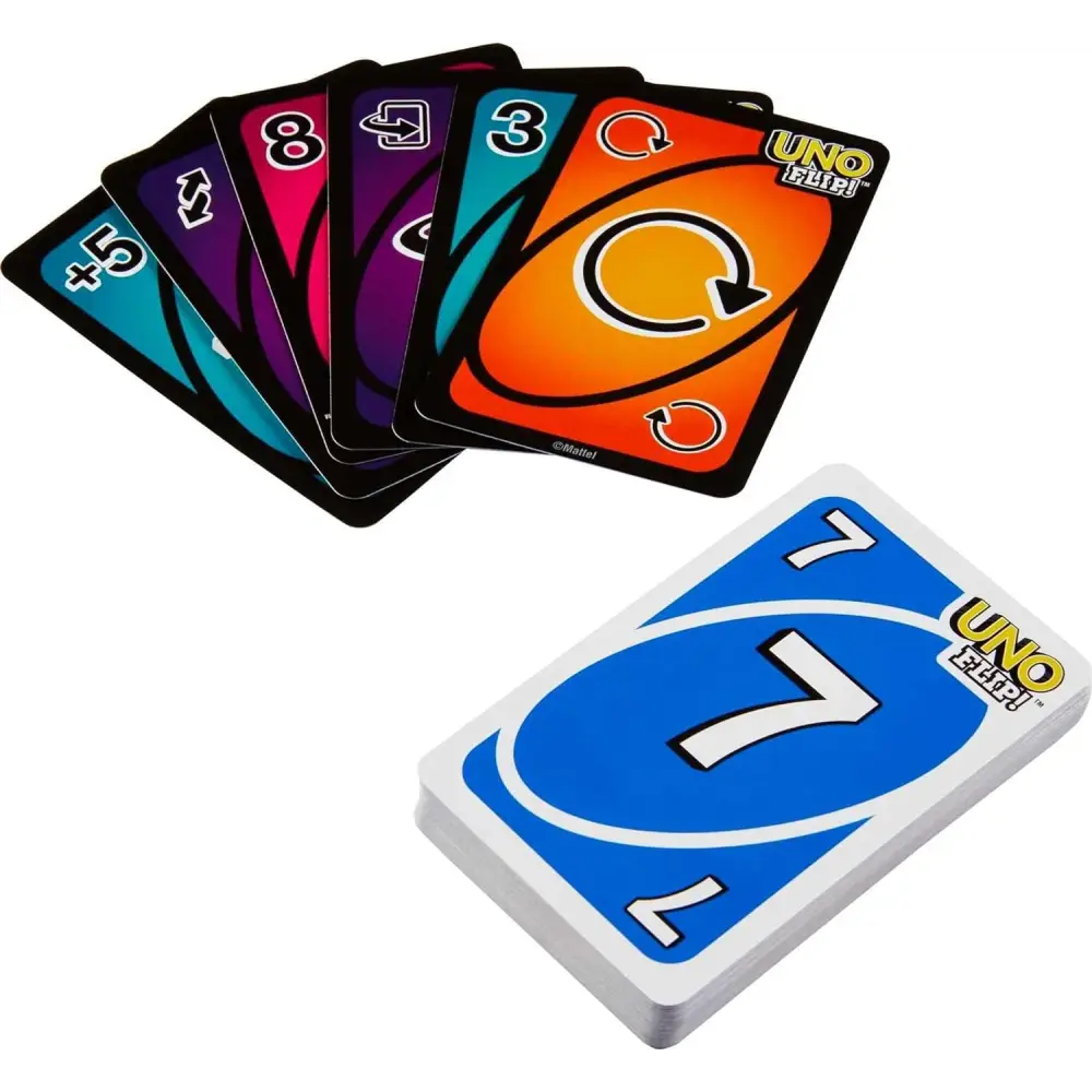 Uno Flip Action Packed Double Sided Deck Card Game showcasing vibrant card designs
