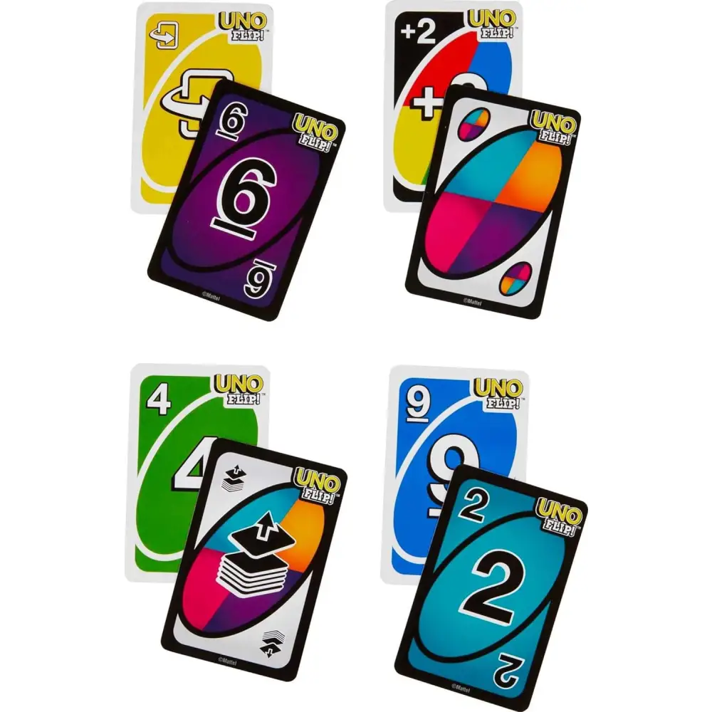 Arrangement of Uno cards from the Uno Flip Action Packed Double Sided Deck Card Game