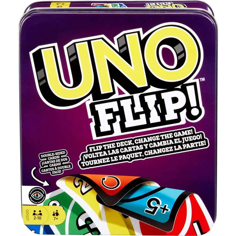 Uno Flip Action Packed Double Sided Deck Card Game in a metal tin package