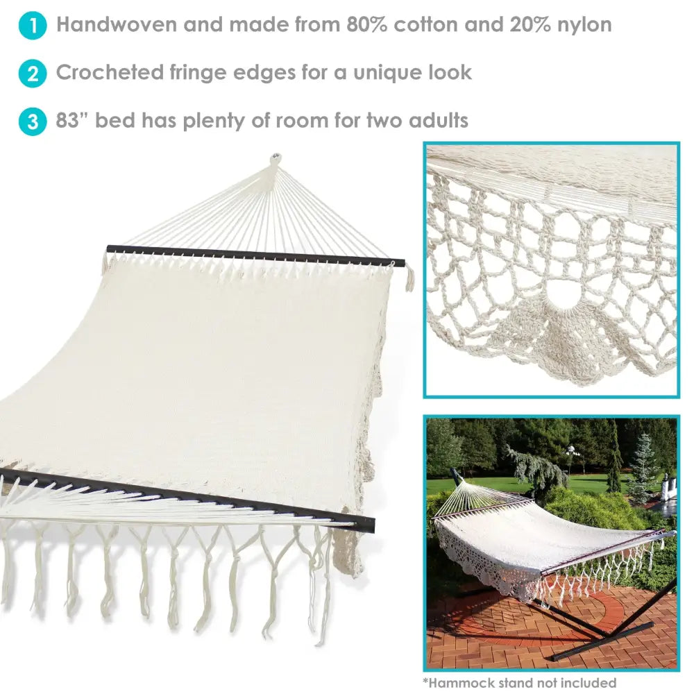 Handwoven cotton and nylon hammock with fringe for Sunnydaze 2Person Outdoor Use