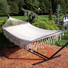 White crocheted hammock from Sunnydaze 2-Person Cotton Spreader Bar Hammock