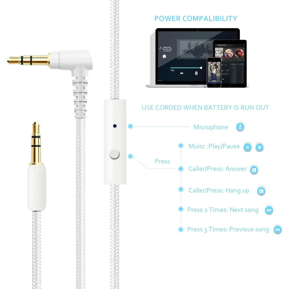 White headphone cord with gold-plated jacks for Pink WT-7S Light-Up Bluetooth Headset