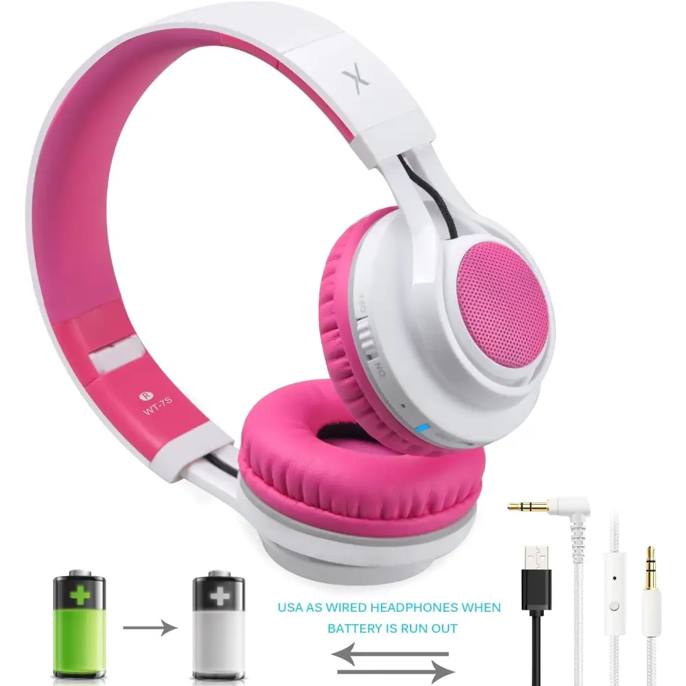 Pink WT-7S Light-Up Bluetooth Foldable Wireless Headset with pink and white design