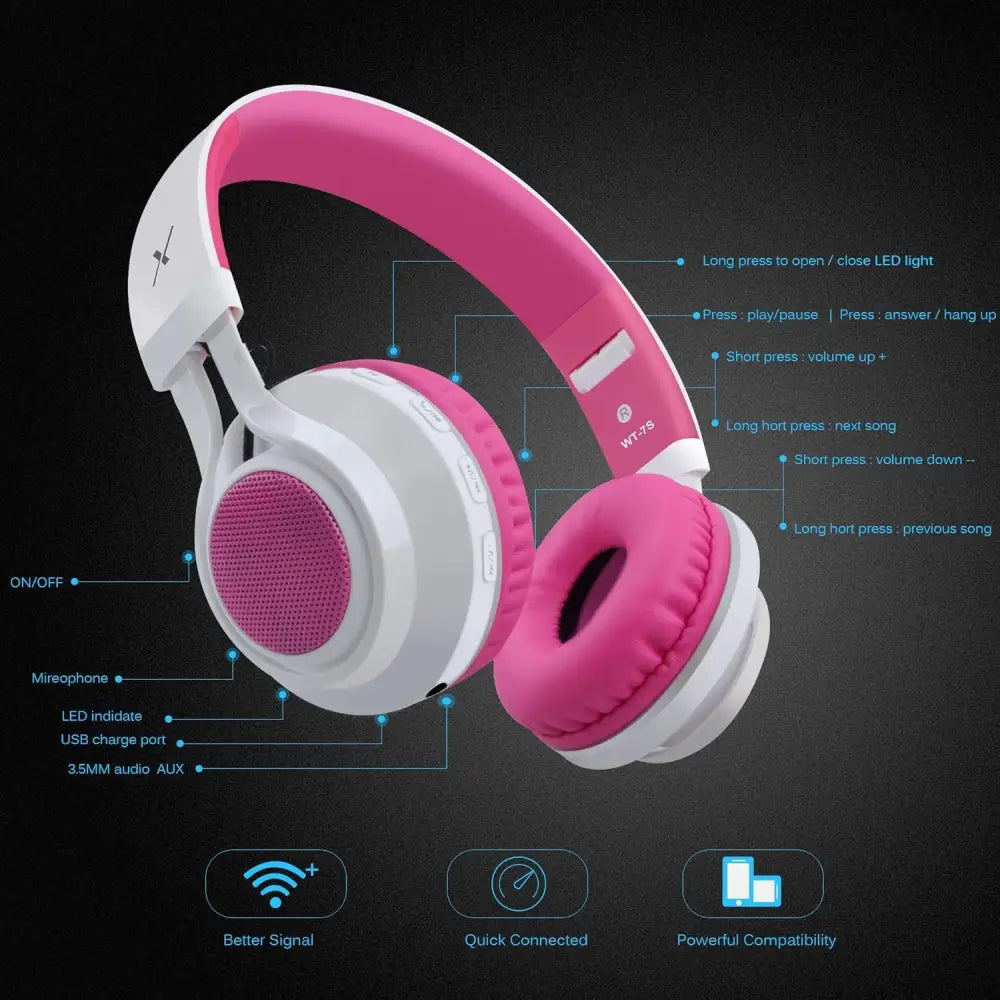 Pink WT-7S Light-Up Bluetooth Foldable Wireless Headset in pink and white colors