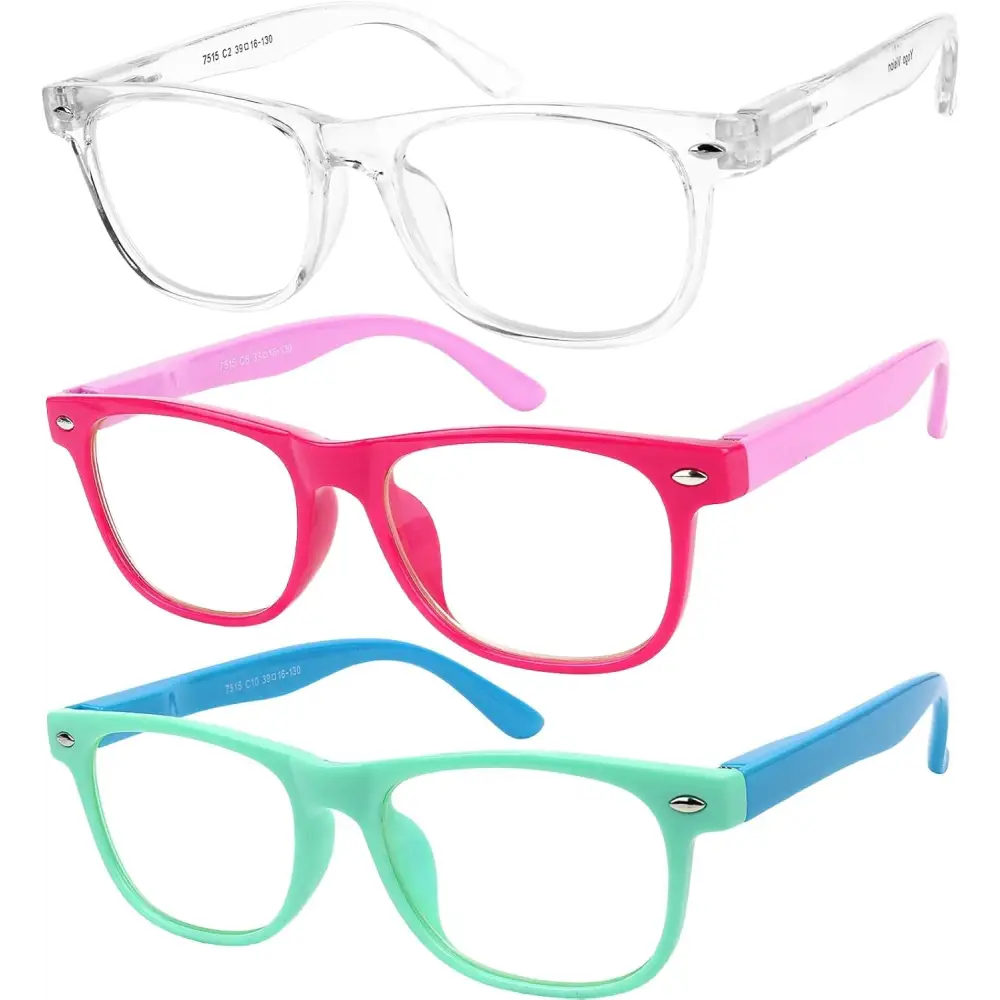 Three pairs of colorful YOGO VISION Kids Blue Light Glasses for children’s eye protection