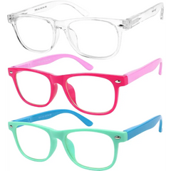 Three pairs of colorful YOGO VISION Kids Blue Light Glasses for children’s eye protection
