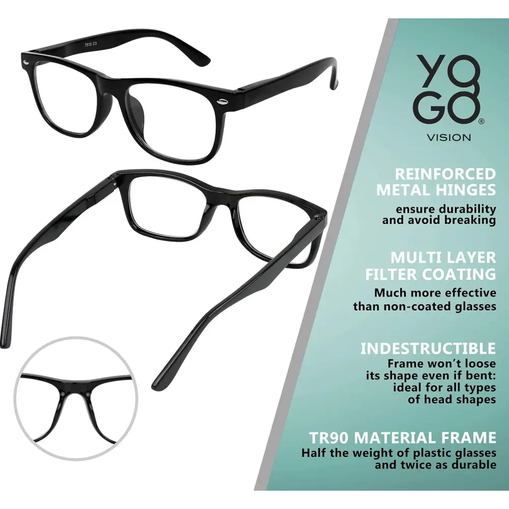 Black-framed YOGO VISION Kids Blue Light Glasses showcasing product features