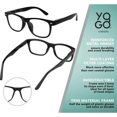 Black-framed YOGO VISION Kids Blue Light Glasses showcasing product features