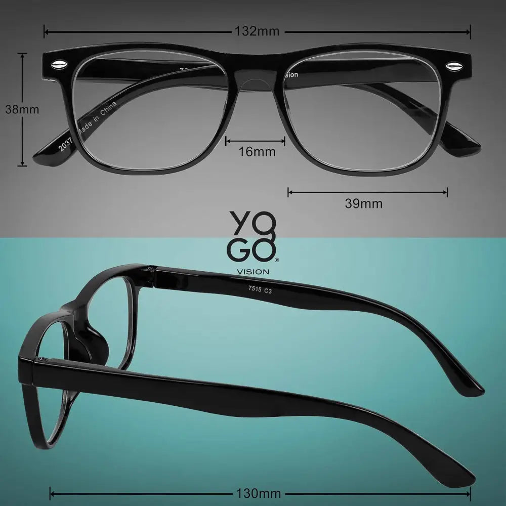 Black-framed YOGO VISION Kids Blue Light Glasses with dimensions displayed clearly
