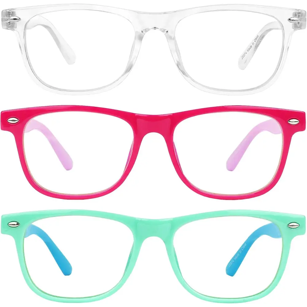 Three pairs of colorful YOGO VISION Kids Blue Light Glasses for eye protection